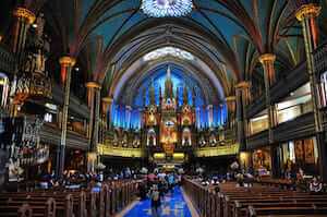 View of Notre-Dame Basilica in Montréal, Quebec, Canada during Sunday mass